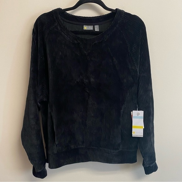 NWT Zella Plush Corduroy Crewneck Sweatshirt in Black Size Medium - Picture 2 of 12
